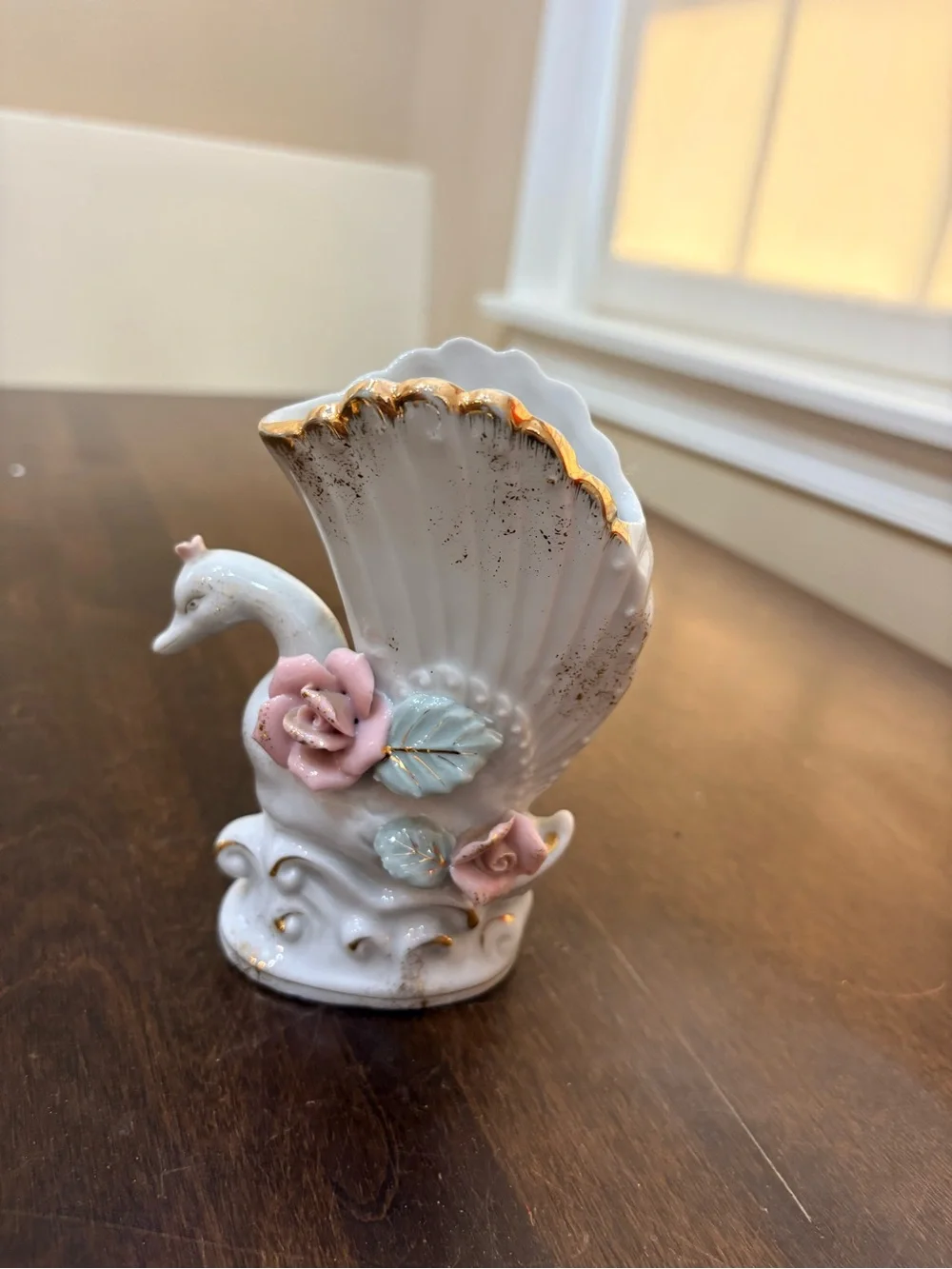 White Porcelain Swan Vase with Pink Floral Accents